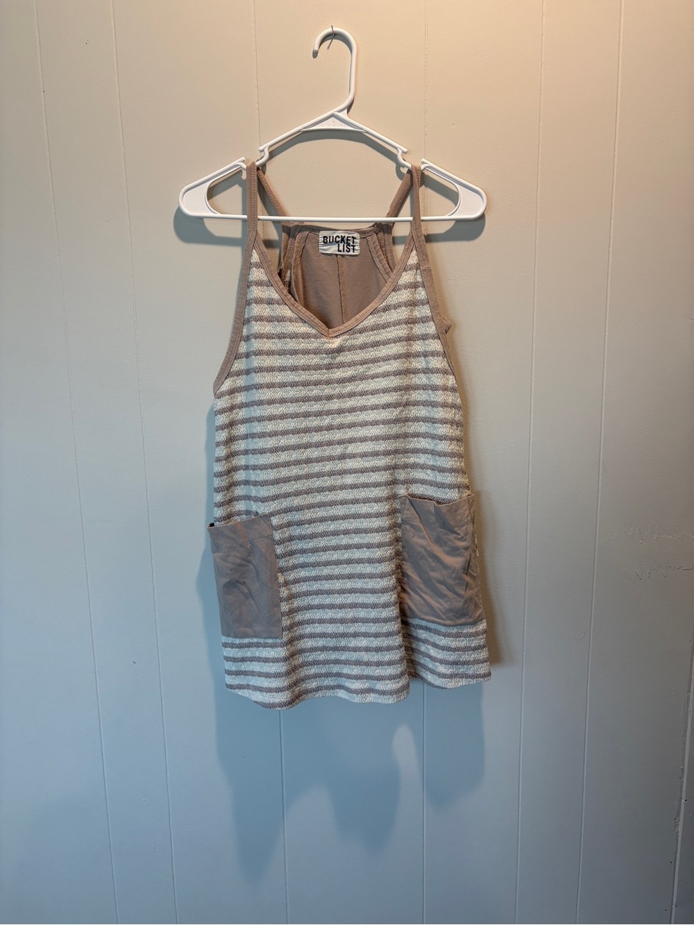 BUCKETLIST Cream & Tan Striped Mini Dress with Front Pockets